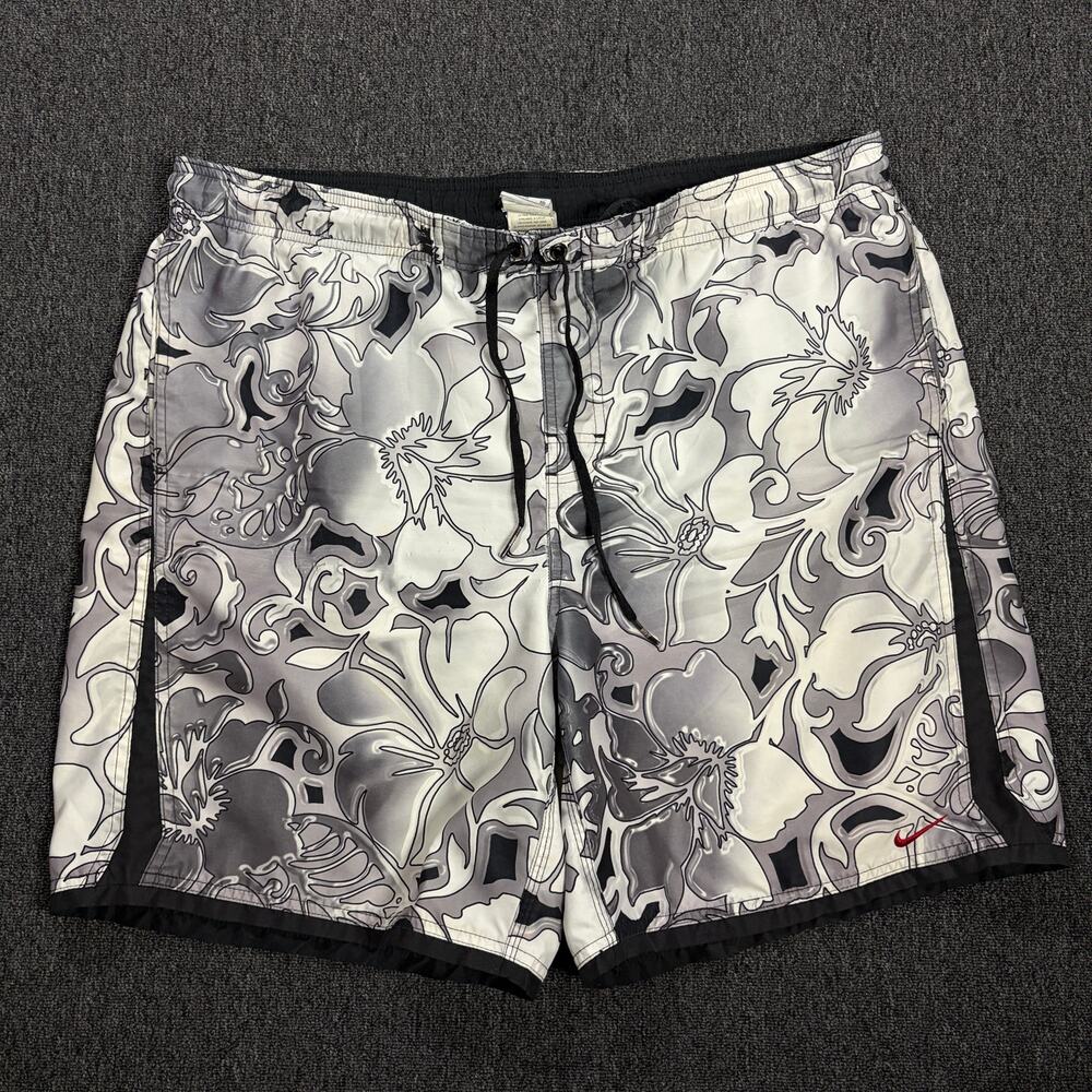 Vintage Y2k Nike Black Silver Floral Surf Hawaiian Beach Swim Trunk Shorts XL